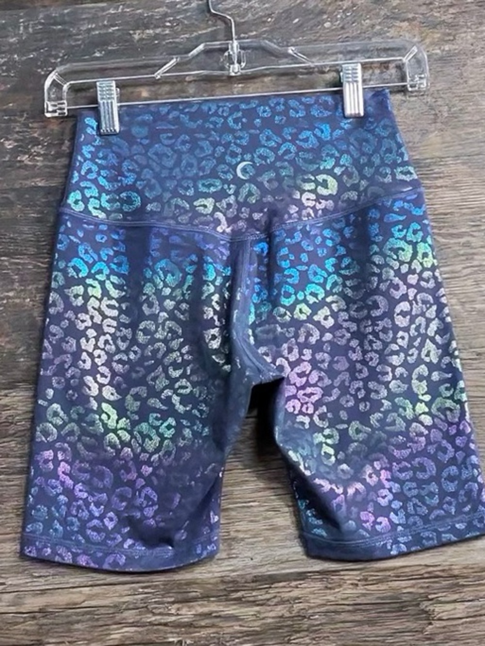 ZYIA Navy Bike Shorts with Blue, Purple, and Green Metallic Leopard